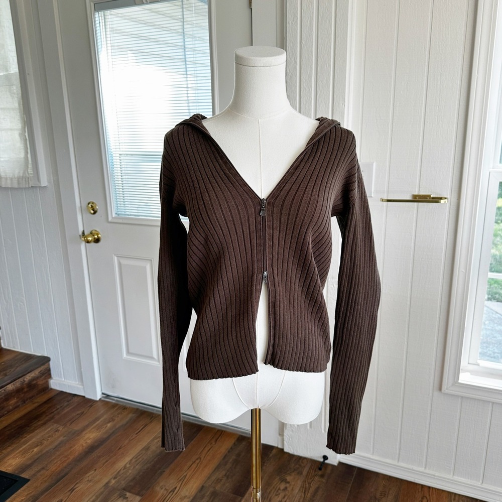 Calvin Klein Women Ribbed Double Zip Hoodie M Brown Y2K Gorpcore Cotton Jacket